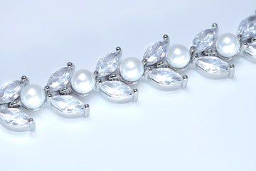 CZ Diamond Vine Leaves And Pearl Wedding Bracelet, Bridal Bracelet, Cubic Zirconia Bracelet, Bridal jewelry, Wedding Accessories